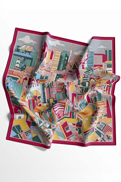 AFVENTE Modern City Pattern Pink-Orange Soft Scarf 90X90 cm