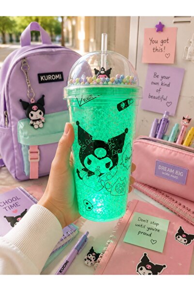 HediyeFilesi Kuromi Suluk Pipetli Buzlu Cam Görünümlü Led Işıklı 450 ML Çift ...