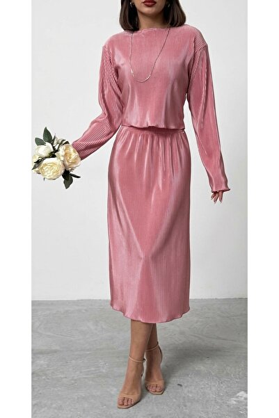 PELTEX Long Sleeve Midi Length Elastic Waist Pleated Satin Skirt Blouse Doubl...
