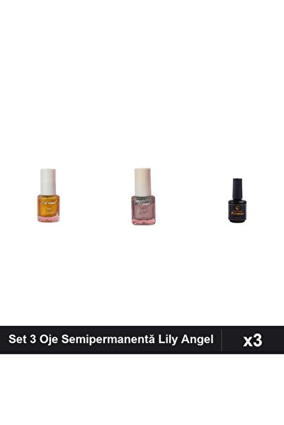 Makeup Set 3 Oje Semipermanentă Lily Angel Aurie Argintie 5ml + Primer FSM 15ml