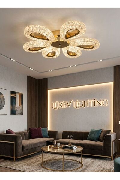 Lüxev Lighting Yağmur Model 6"lı Gold 3 Renk Modu Ledli Modern Plafonyer Salo...