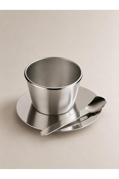 Gaia Concept Silver Stainless Steel Ice Cream Bowl Set with Spoon and Plate, Dessert Serving Bowl 210 ml