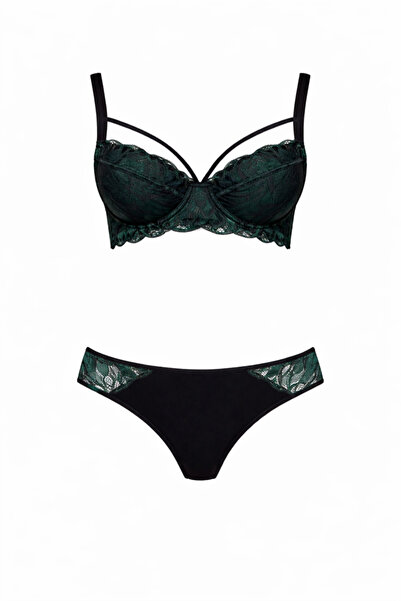 Wakabayashi Lace Underwire Supported Green Bra and Satin Slip Panties Set