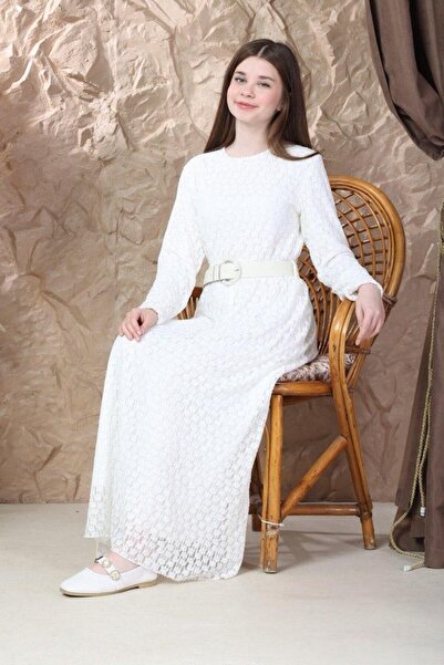 Buket Tekstil Girls' White Tulle Dress with Belt Detail