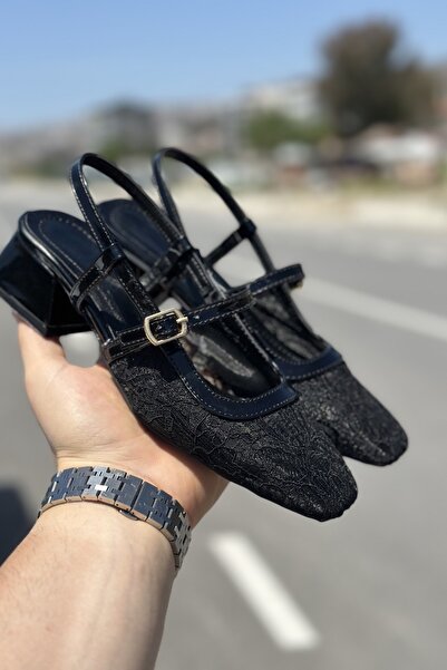 topuksarayı Luna Women's Black Lace Detailed Heeled Ballet Flats