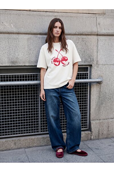 Ltb Cherry Printed Relaxed White T-Shirt
