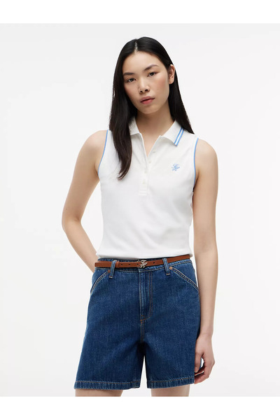 Tommy Hilfiger Kadın Normal Kalıp Kolsuz Dokuma Kumaş Beyaz Polo Yaka T-Shirt