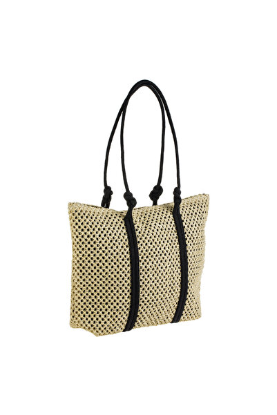 Zumzeria Geantă de umăr ecru cu mânere tip nod negre pentru femei 44x11x32cm