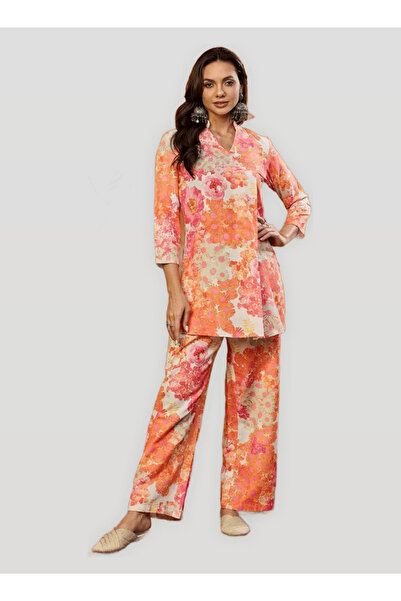 DESIQLO By Styli Orange Cotton Printed Ethnic Top and Pants Co-Ords