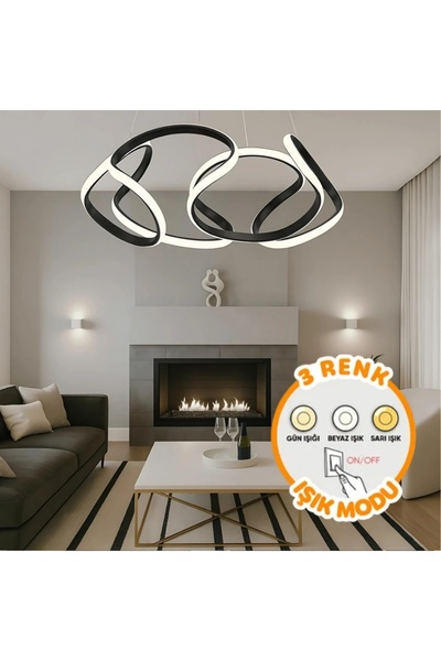 Elektroyou Artemis Siyah 3 Renk Ledli Sarkık Ledli Avize Modern Led Avize