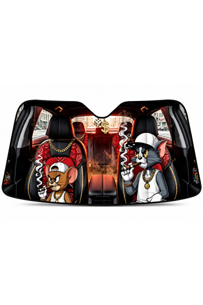 Autowise Tom & Jerry Figürlü Oto Ön Cam Metalize Güneşlik Universal Baskılı Metal Güneşlik Tom ve Jerry Baskılı