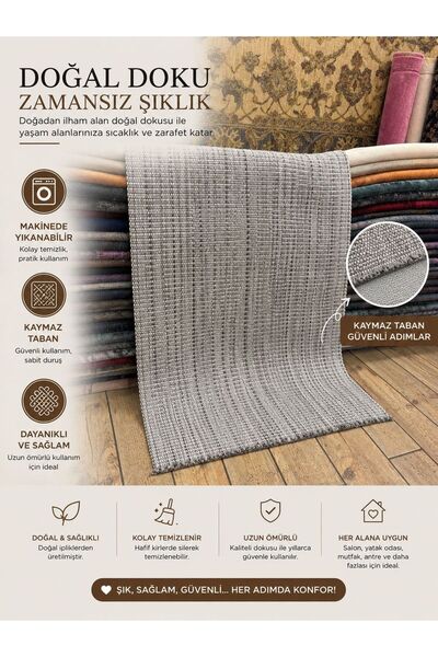DOĞA Kilim Makinede Yıkanabilir kaymaz Tabanlı Jüt Halı