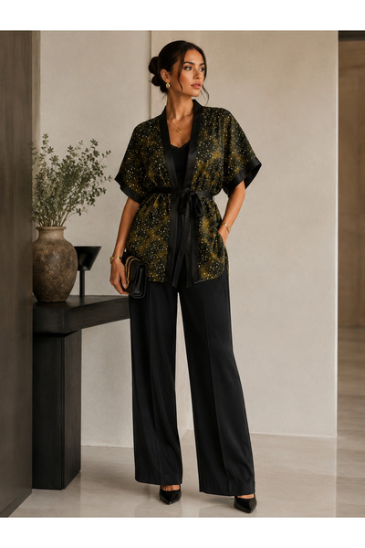 The Nowy Kadın Haki Desenli Kuşaklı Kimono Ceket Şık Rahat Günlük & Abiye Üst