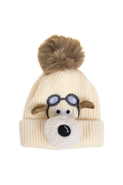 Zumzeria Căciulă tricotată ecru cu model de câine aviator și pompon pentru co...