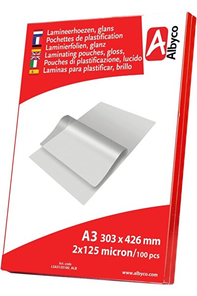 Albyco - A3 250 Micron Laminating Pouches (2x125) - Pack of 100 - Glossy Foils