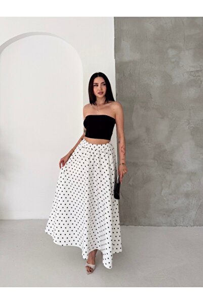 MİSPİER Polka Dot Patterned Woven Flared Princess Skirt with Pockets