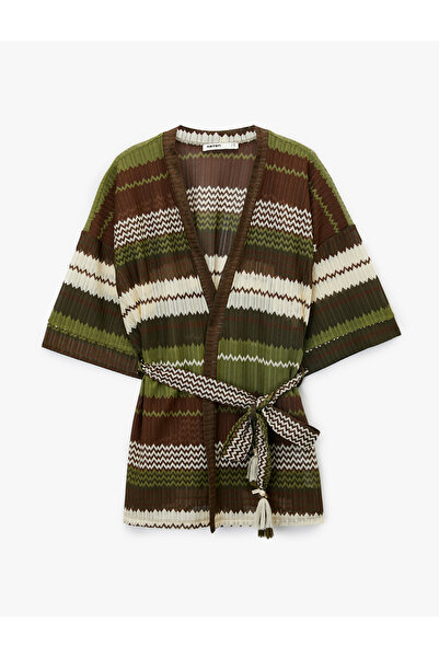 Koton X Melis Ağazat - 3/4 Sleeve Patterned Pointelle Knit Kimono with Belt D...