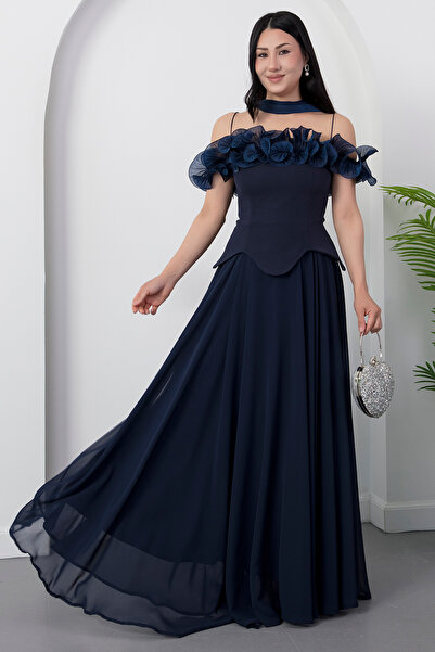 PULLIMM Strapless Collar Ruffle Chiffon Dress Drp562