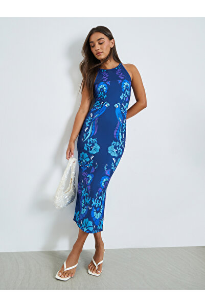 Styli Blue Print Halter Neck Bodycon Midi Dress