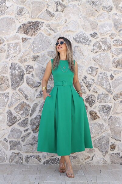 bytugcekaya Rochie verde vibrantă, cu guler halter și curea, evazată