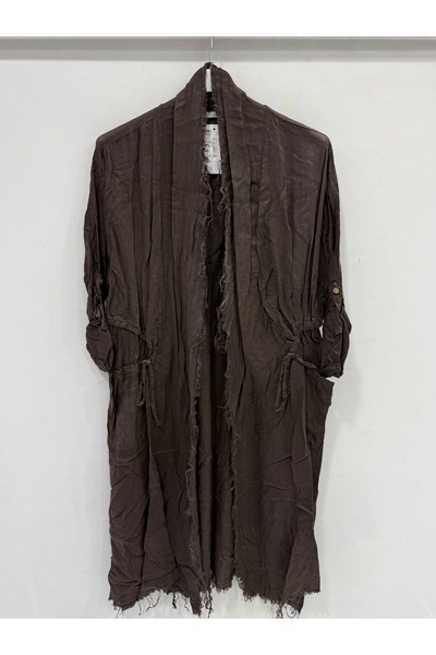 della moor Women's Brown Italian Cut-Off Fold-Up Sleeve Oversize Long Linen K...