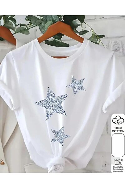 KOZİA OUTDOORS Women's Star Print Crew Neck Basic T-Shirt