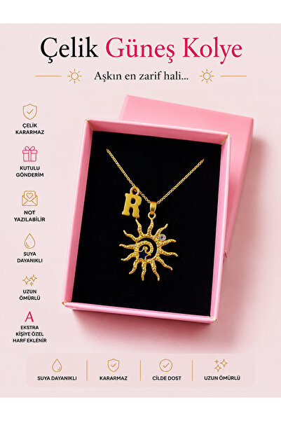 enyessaccessory Kişiye Özel Harfli Çelik Güneş Kolye Gold Renk| Kararmaz & Ku...