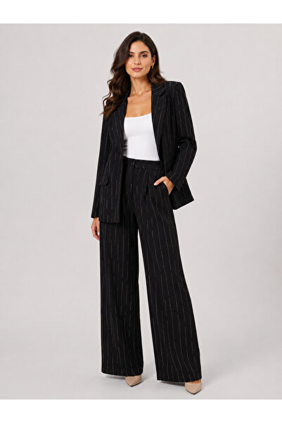Trendline Women's Stone-Striped Fabric Blazer Top and Bottom Jacket Set