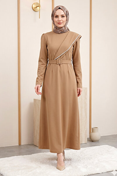 FERHEL Women's Stone Embellished Belted Crepe Dress - Mink