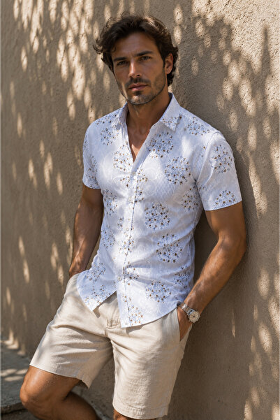 Louis Fabel Short-Sleeved Men's Shirt with Lines and Micro-Flower Pattern on ...