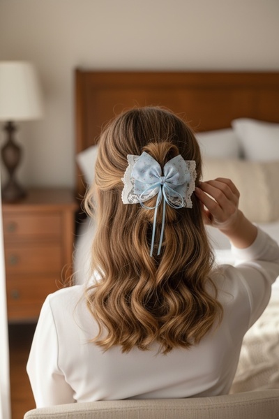 FAYRA ACCESSORIES مشبك على شكل فيونكة من قماش الدانتيل الشفاف والشيفون مع أحج...