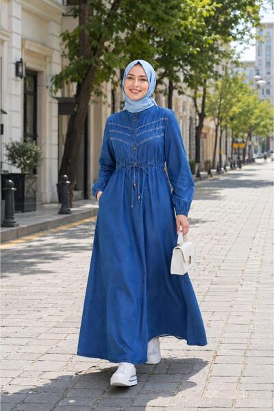 Hb Harma Time Butik Women's Lace Detailed Buttoned Blue Denim Dress with Waist Cinch and Pockets