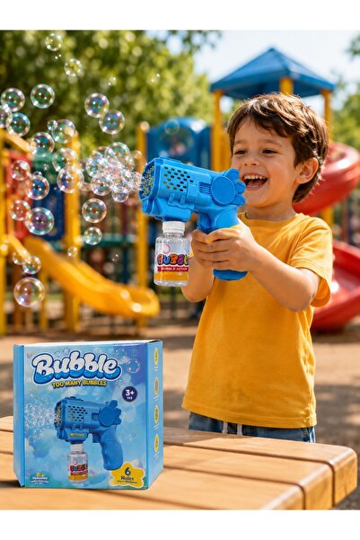 ydn Pilli Işıklı Köpük Çıkaran Baloncuk Tabancası, 6 Delikli Bubble Gun Mavi