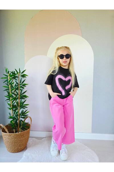 SÜSLÜ KİDS Girl's Heart and Stone Patterned Pants and T-Shirt Set