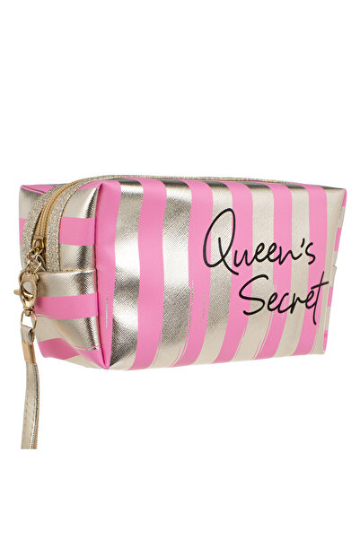 Zumzeria Pink Beige Makeup Bag with 'Queen's Secret' Striped Foil & Handle 19...
