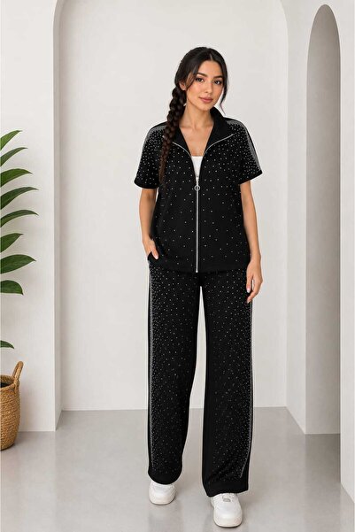 lubiti Crystal Stone Vest Top and Bottom Set/Wide Leg Fit