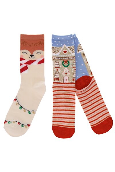 Zumzeria Women's Christmas Patterned Socks Ecru Pink Red with Lurex Stripes C...