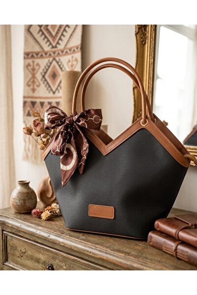 ÇANTA Black Tan Color Shoulder Bag with Ribbon Detail
