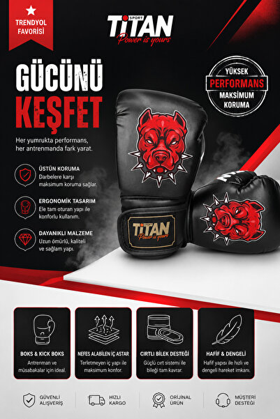 Titan Sport Siyah Boks Eldiveni, Kırmızı Pitbul Baskılı Özel Model