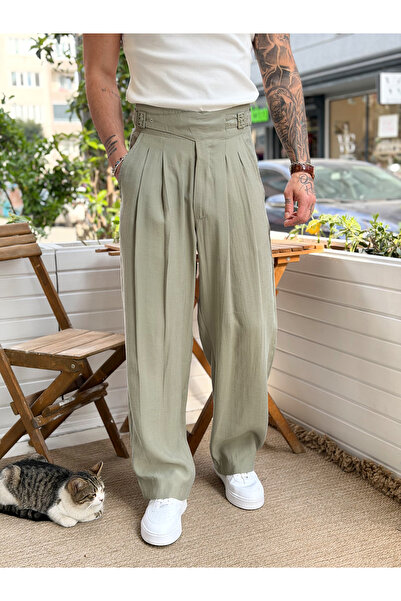 manch collection Pantaloni modal cu pliuri duble și detaliu curea, verzi