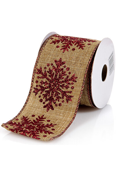 Zumzeria Beige Decorative Christmas Ribbon with Red Snowflakes - 5m x 63mm