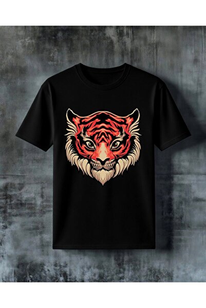 COMVİCHO Red Tiger Print Printed Oversize T-Shirt