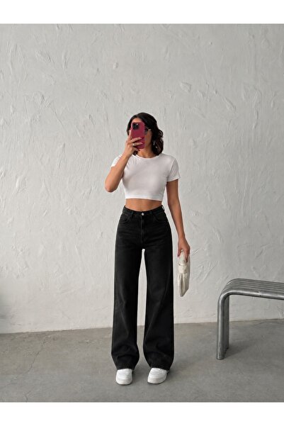 blue wings denım co. Black Flexible Lycra Boyfriend Style Wide-Leg Denim Pants