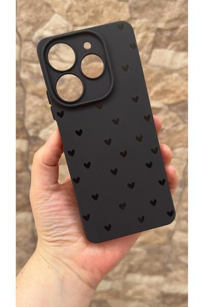 Vip Case Tecno Spark 10 PRO Uyumlu Mini Siyah Kalp Desenli Silikon Darbe Emic...