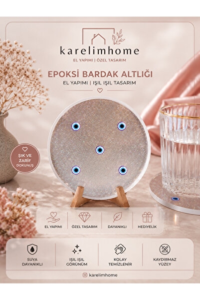 karelim home 2-Piece Coaster Set with Epoxy Evil Eye Bead Detail, Special Series