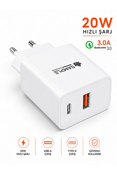 Sample 20W Hızlı Şarj Adaptörü Çift Çıkışlı Qualcomm 3.0A PD Hız ( Type-C + U...