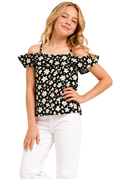 Divonette Girls' Summer Sling Top - Black Ruffled Blouse with Floral Pattern ...