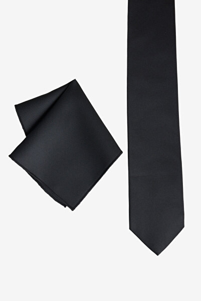 ALTINYILDIZ CLASSICS Men's Black Silk Fabric Tie-Handkerchief Set