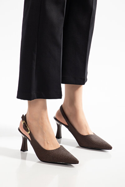 shop Women's Faux Leather Straw Detailed Gold Buckle Open Back Heeled Shoes