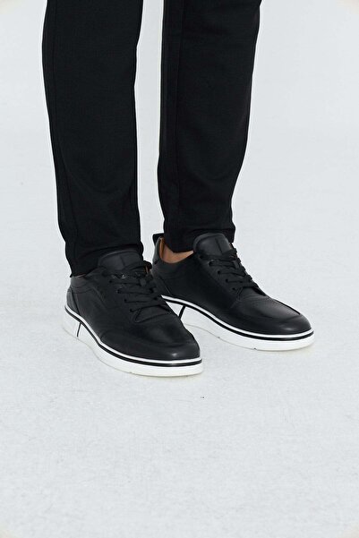 White Stone Black Genuine Leather Lace-Up Men's Casual Shoes